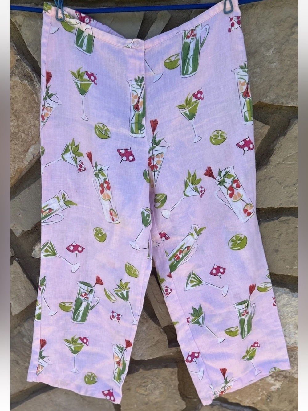 Vtg Dandy By Randi‎ M. Cropped Linen Pants Medium Pink Green Cocktails Print EC